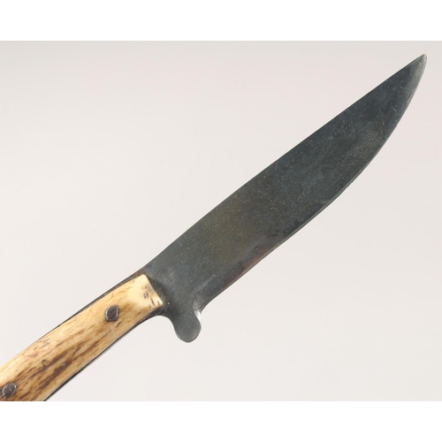 37 - AN OLD KNIFE AND FORK, with antler handles, 8