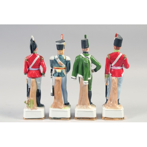 385 - A SET OF FOUR PORCELAIN FIGURES, Officer British Line Infantry 1815, Light Dragoon, Grenadier Compan... 