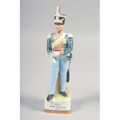 385 - A SET OF FOUR PORCELAIN FIGURES, Officer British Line Infantry 1815, Light Dragoon, Grenadier Compan... 