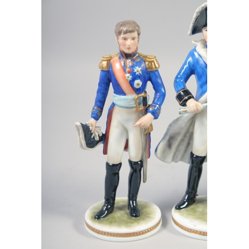 386 - KAISER, A SET OF FOUR PORCELAIN FIGURES, Napoleon, Lancer, Key, Tunoy, hand painted, colour bearer, ... 