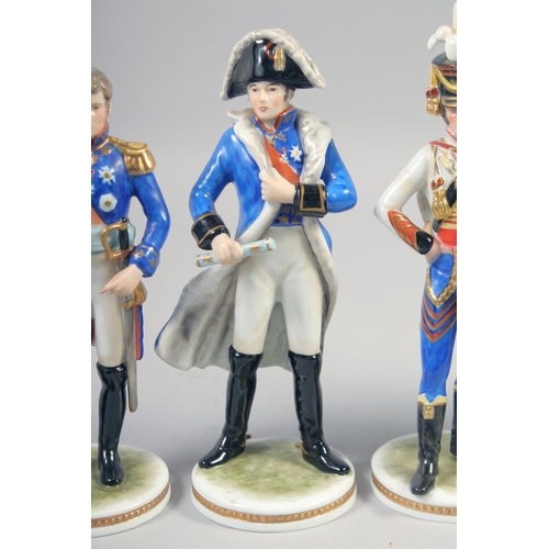 386 - KAISER, A SET OF FOUR PORCELAIN FIGURES, Napoleon, Lancer, Key, Tunoy, hand painted, colour bearer, ... 