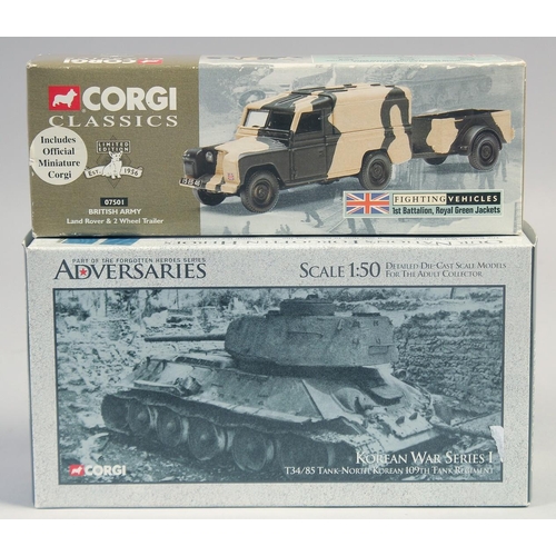 427 - ADVERSARIES KOREAN WAR SCENE T34 / 85 TANK & CORGI LAND ROVER and trailer, boxed (2).