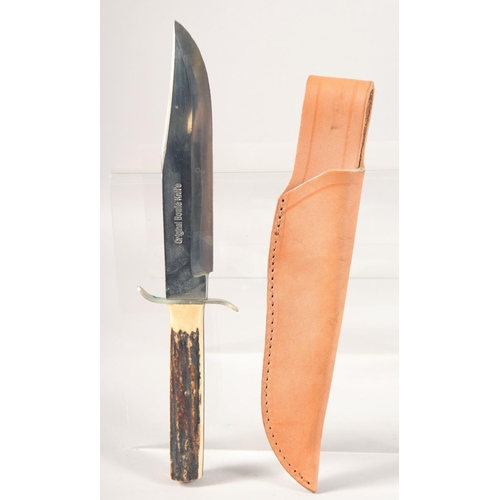 44 - WIDDER SOLINGEN GERMANY ORIGINAL BOWIE KNIFE, with antler handle in a leather sheath, 11