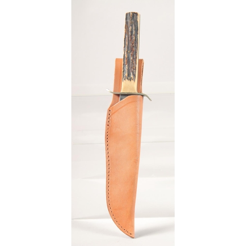 44 - WIDDER SOLINGEN GERMANY ORIGINAL BOWIE KNIFE, with antler handle in a leather sheath, 11