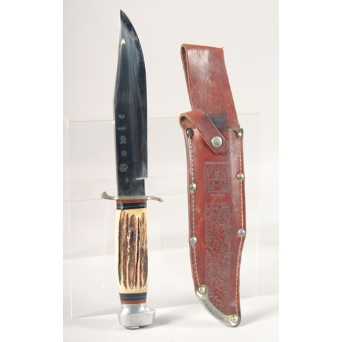 46 - THE ORIGINAL LINDER-MESSER SOLINGEN KNIFE, with antler handle in a leather case.