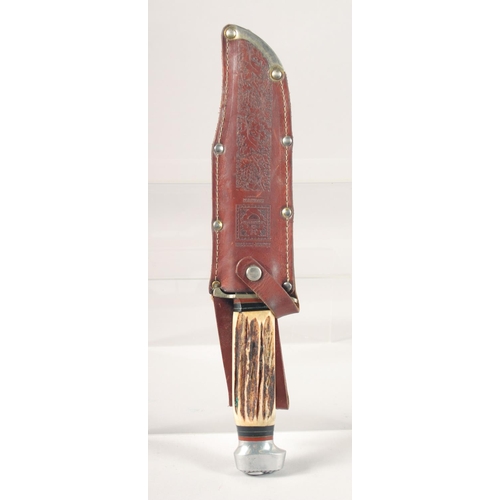 46 - THE ORIGINAL LINDER-MESSER SOLINGEN KNIFE, with antler handle in a leather case.