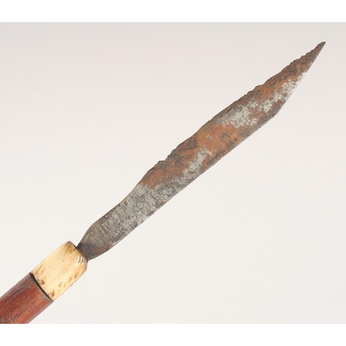 63 - A LONG BONE AND WOOD HANDLE KNIFE, 15