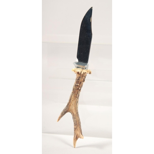 67 - A KNIFE, with antler handle, 10.5