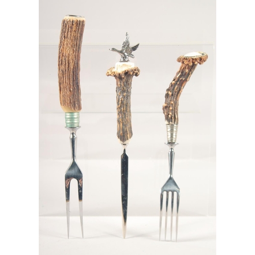 68 - THREE ANTLER HANDLE FORKS, 9