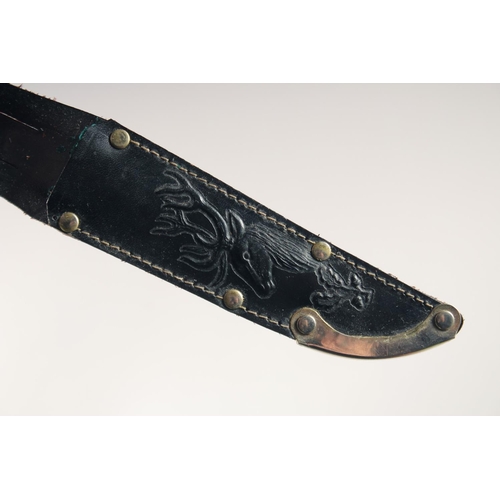 79 - A SCHNEIDTEUFE SOLINGEN GERMANY KNIFE, with antler handle, in a leather sheath with deer, 9