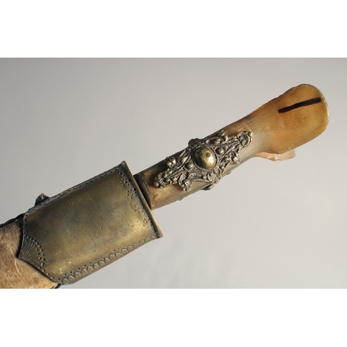 235 - A 20TH CENTURY OTTOMAN HORN HILTED REPRODUCTION YATAGHAN SILVER SWORD, and brass and velvet overlaid... 