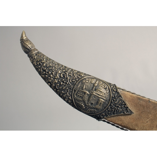 235 - A 20TH CENTURY OTTOMAN HORN HILTED REPRODUCTION YATAGHAN SILVER SWORD, and brass and velvet overlaid... 