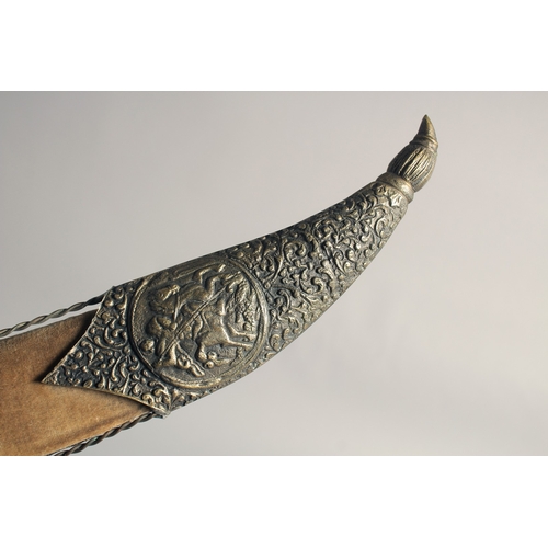 235 - A 20TH CENTURY OTTOMAN HORN HILTED REPRODUCTION YATAGHAN SILVER SWORD, and brass and velvet overlaid... 