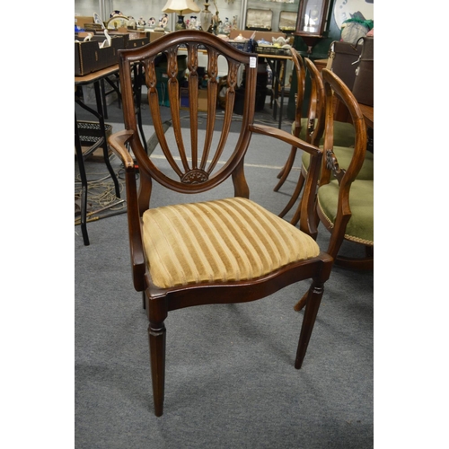 242 - A set of six shield back dining chairs, two with arms.