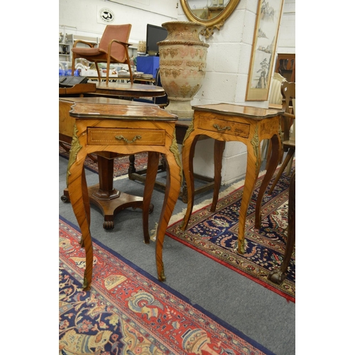 288 - A pair of French and decorative single drawer burr wood occasional tables.