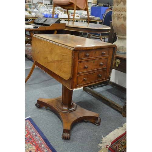 292 - A 19th century mahogany drop leaf work table with a single drawer and a deep drawer to one end on co... 