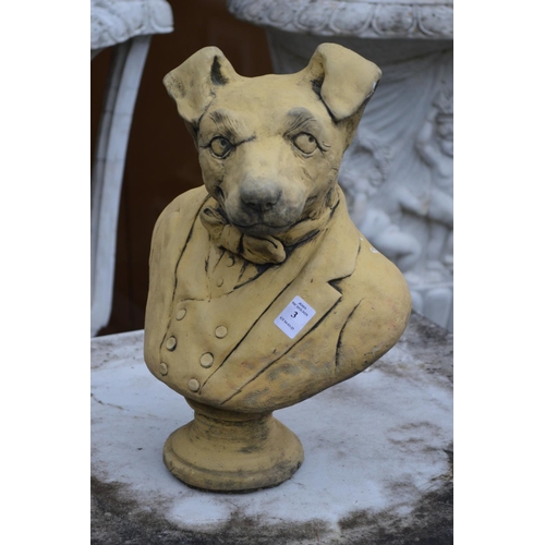 3 - An amusing garden sculpture modelled as the bust of a dog wearing a jacket.