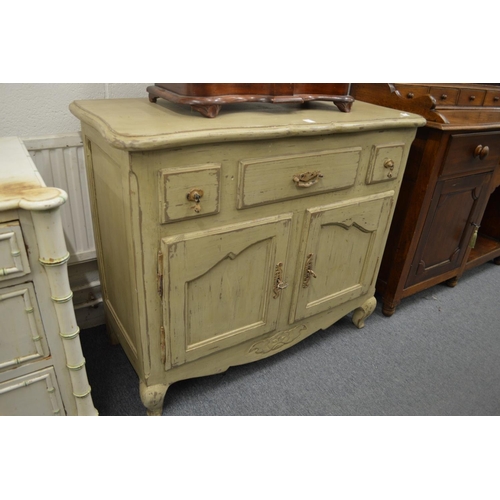 321 - A French distress green painted dresser base or sideboard.