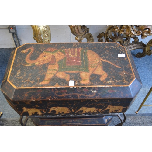 357 - A decorative Indian storage unit with two boxes on a wrought iron stand, both decorated with elephan... 