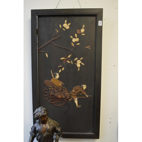 360 - A pair of Japanese ebonised panels with inlaid and onlaid decoration (losses).