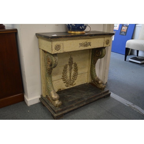 367 - A decorative painted console table with a single drawer supported on dolphin columns.