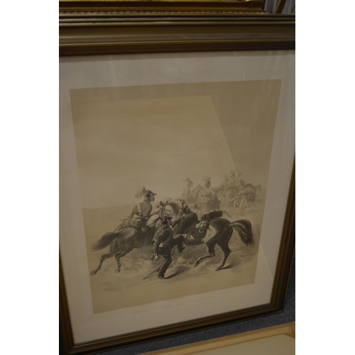 372 - A set of four black and white prints depicting military figures on horseback.