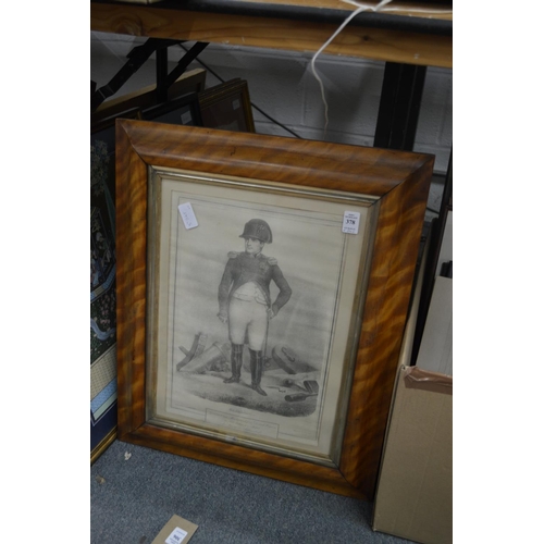 378 - A maple framed engraving of Bonaparte and a box of other engravings.