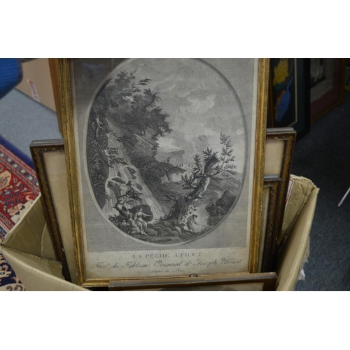 378 - A maple framed engraving of Bonaparte and a box of other engravings.