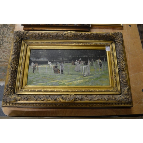 384 - The Tennis Match, oil on board in a decorative gilt frame together with a Spy print of a cricketer.