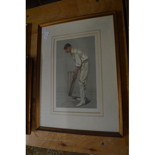 384 - The Tennis Match, oil on board in a decorative gilt frame together with a Spy print of a cricketer.