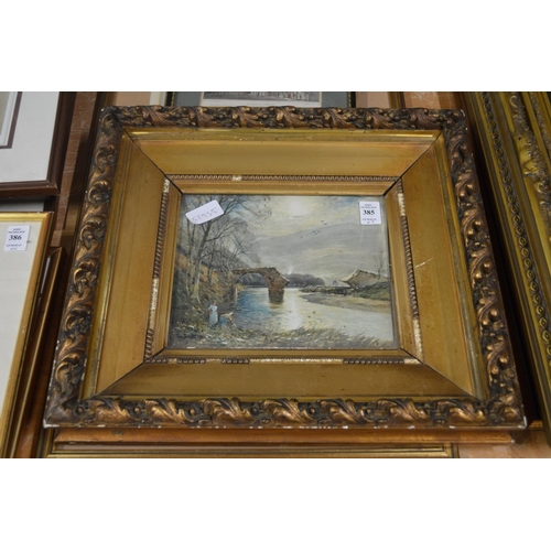 385 - Tom Scott, figures by a river with a derelict bridge, watercolour, an engraving and framed group of ... 