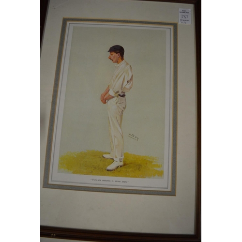 387 - A set of four colour prints depicting cricketers.