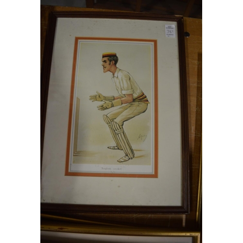 387 - A set of four colour prints depicting cricketers.