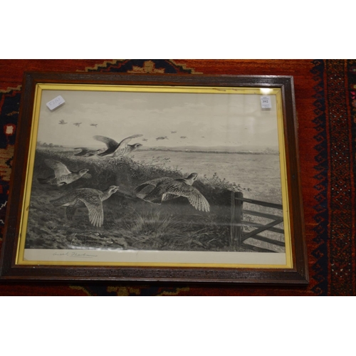 392 - Archibald Thorburn, partridge in flight, pencil signed print together with five other paintings and ... 