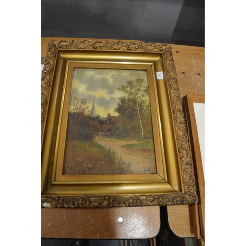 395 - Rural scenes with buildings and trees, oil on canvas, a pair with decorative gilt frames.