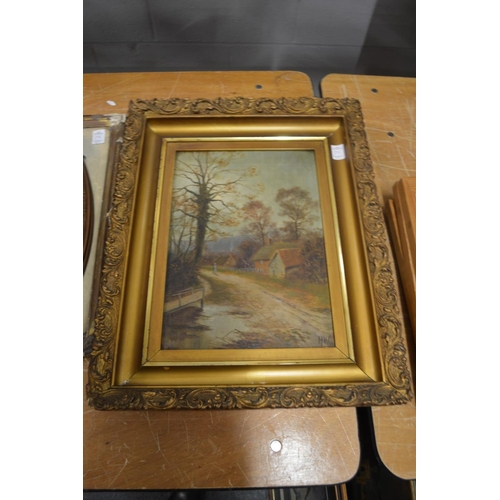 395 - Rural scenes with buildings and trees, oil on canvas, a pair with decorative gilt frames.