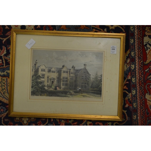 399 - A colour print of Loseley house and an engraving of sheep.