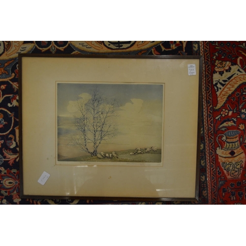 399 - A colour print of Loseley house and an engraving of sheep.