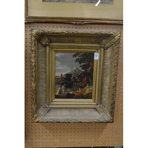 408 - Figures in a classical landscape, colour print in a decorative gilt frame.