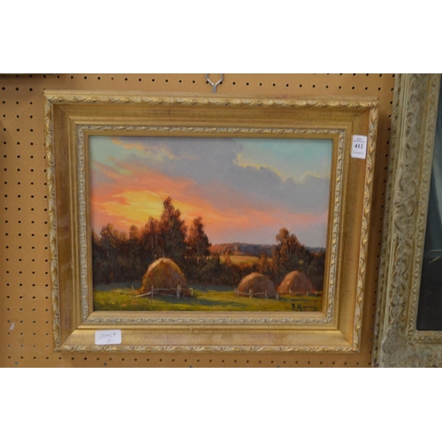 412 - Hayricks at sunset, oil on board.