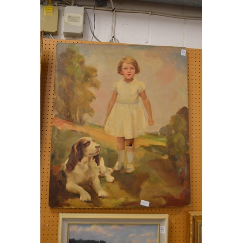 414 - Portrait of a young girl wearing a white dress a dog by her side, oil on canvas, unframed.