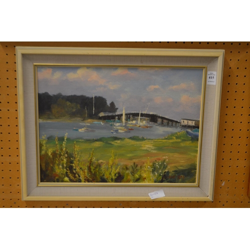 415 - Anne Toms, Yachts on a river, with a bridge beyond, oil on board, signed.