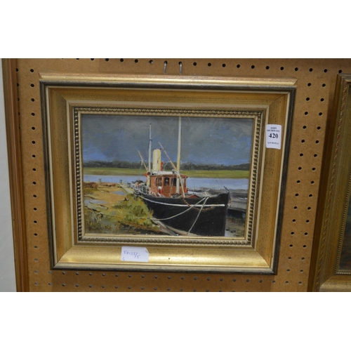 420 - Peter Hutchins, oil painting of a moored fishing boat, oil on board.