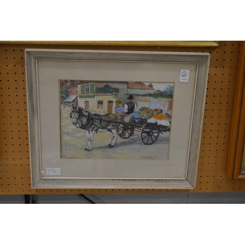 427 - Vernon Stokes and Alan Wright, Donkey cart with a fruit seller, watercolour, signed.