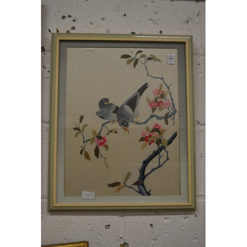 440 - Japanese school, two birds on a cherry blossom tree, embroidered picture.