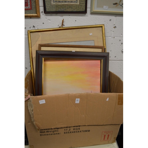 445 - Box of assorted paintings and prints etc.