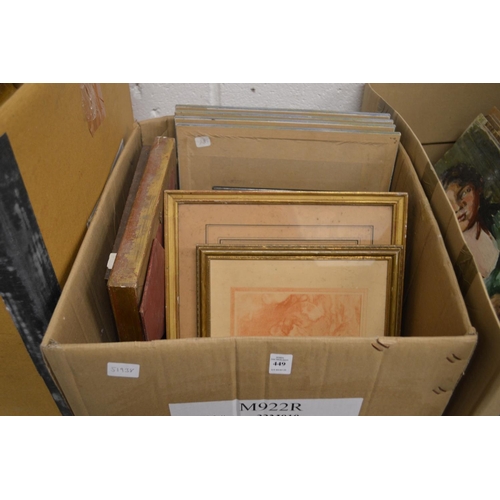 449 - Box of assorted paintings and prints etc.