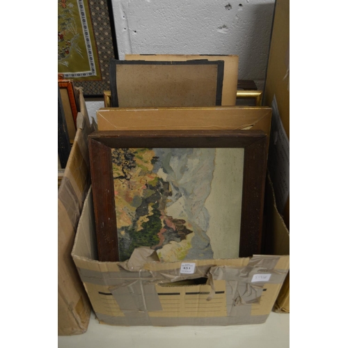 451 - Box of assorted paintings and prints etc.