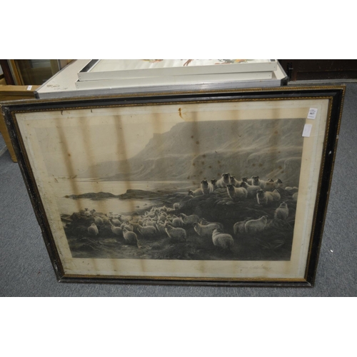 467 - Down to the Ferry, print depicting sheep by a river, black and white print, stained.