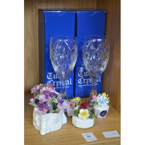 48 - A pair of cut glass wine glasses and decorative china.